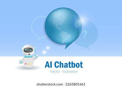 AI chat bot with globe in speech bubble answer question and generate smart solution and creative idea. Artificial intelligence answer robot innovation technology. 3D Vector.