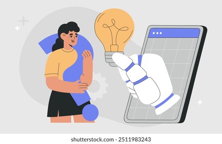 AI chat no ayuda a encontrar soluciones y respuestas, mano robótica sostiene una bombilla, mujer con signo de interrogación, asistente humano genera ideas creativas. Ilustración vectorial plana sobre fondo aislado