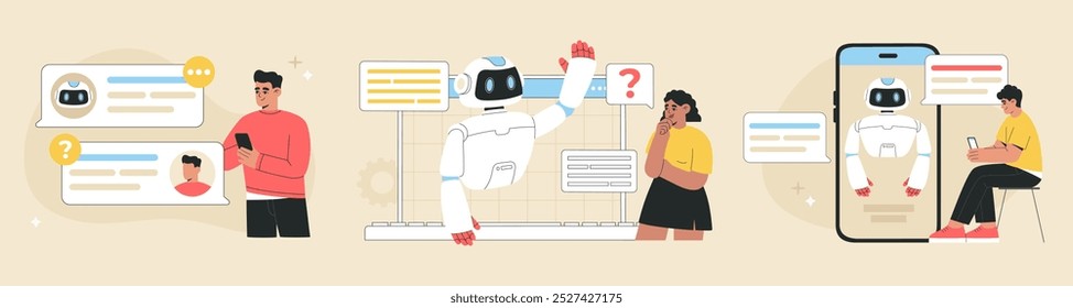 AI chat bot help to find solution and answers, human assistant generate creative ideas set, Communication between Artificial Intelligent robot and user. Flat vector illustration on isolated background