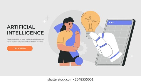 AI chat bot help to find solution and answers, robotic hand holds a light bulb, woman holding question mark, human assistant generate creative ideas. Flat vector illustration for landing page, website