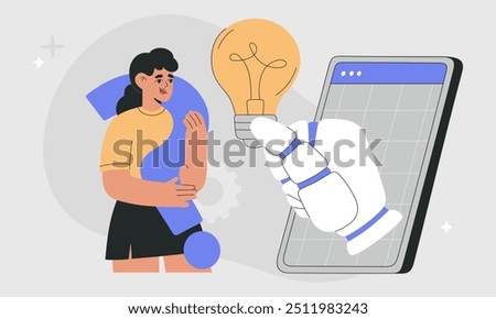 AI chat bot help to find solution and answers, robotic hand holds a light bulb, woman holding question mark, human assistant generate creative ideas. Flat vector illustration on isolated background