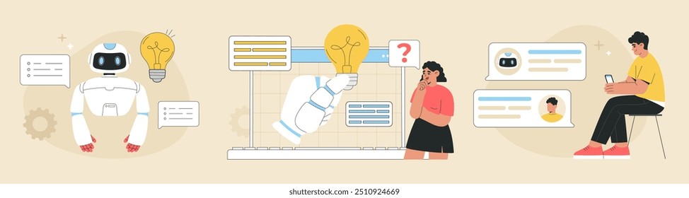 AI chat bot ajuda as pessoas a encontrar soluções e respostas conceito, clientes usando assistente de ajuda virtual para negócios, assistente humano gerar ideias conjunto. Ilustração de vetor plano em plano de fundo isolado