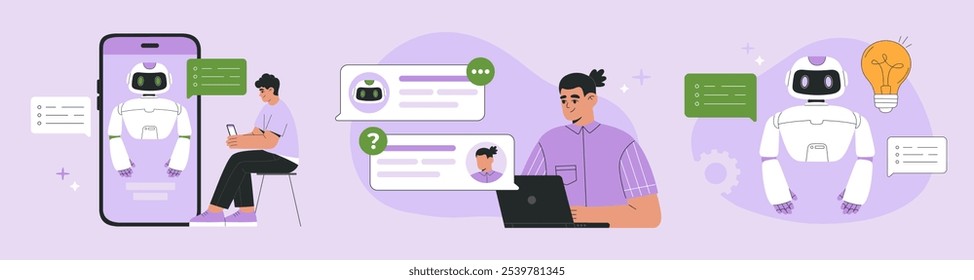 KI-Chat-Bot hilft Menschen Brainstorming und finden Lösungen und Antworten Set, Kunden mit virtueller Hilfe für Unternehmen, Human Assistant generieren Ideen Set. Flache Vektorgrafik, einzeln auf Hintergrund