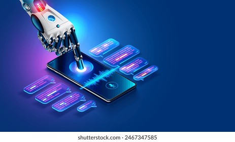 AI chat bot en Imagen robot mano toque pantalla teléfono. Mobile en línea AI chat bot hablar a través de mensajero con el usuario. Abstractas brazo robótico de Internet Chatbot con inteligencia artificial chateando por teléfono.