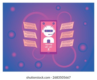 Un bot de chat de IA en la Imagen de una cabeza de robot cuelga sobre la pantalla de un teléfono. Una cara abstracta de internet. Un bot de chat artificialmente inteligente chateando por teléfono.