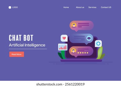 AI chat bot interacting with people, Artificial intelligence providing online support to customer, AI driven customer support, Customer satisfaction - vector illustration with icons