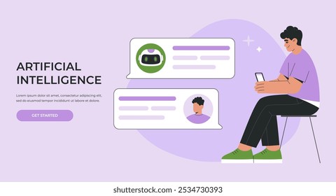 AI chat bot and man communicating and messaging via smart phone, human user asking artificial intelligent robot business questions, virtual dialog. Flat vector isolated illustration for landing page