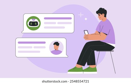 KI-Chat-Bot und Mensch Kommunikation und Messaging über Smartphone, menschliche Nutzer Fragen zu künstlichen intelligenten Roboter-Business, virtuelle Dialog. Flache Vektorgrafik, einzeln auf violettem Hintergrund