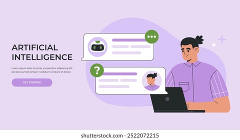 AI chat bot and man communication, human is using Artificial Intelligence online support, user messaging via laptop with smart robot assistant. Flat vector illustration for landing page or web banner