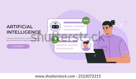 AI chat bot and man communication, human is using Artificial Intelligence online support, user messaging via laptop with smart robot assistant. Flat vector illustration for landing page or web banner