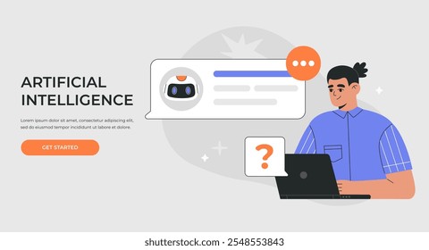 AI chat bot e man diálogo virtual, humano usando inteligência artificial ajuda on-line para negócios, mensagens do usuário via laptop com assistente android. Ilustração de vetor plano para banner ou página inicial