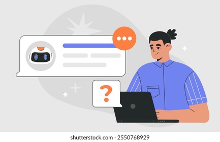 AI chat bot e man diálogo virtual, humano usando inteligência artificial ajuda on-line para negócios, mensagens do usuário via laptop com assistente android. Ilustração de vetor plano, plano de fundo cinza isolado