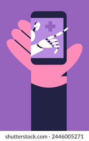 AI Chat Bot en medicina. Inteligencia artificial en la investigación médica. Tecnologías futuristas en la sanidad. Los médicos utilizan App innovadores para el diagnóstico y el tratamiento. Ilustración vectorial plana.