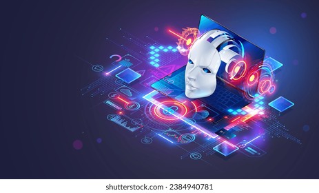 Bot de chat de IA en laptop. Tecnología de ciberseguridad informática. Internet chat bot face mira desde el portátil de pantalla. Cabeza del robot de inteligencia artificial. La IA protege al pc de ataques y virus de hackers.