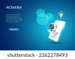 AI chat bot on mobile screen generate smart solution answer to user. Artificial intelligence robot answer questions provide refinement conversation and ideas. 3D vector.