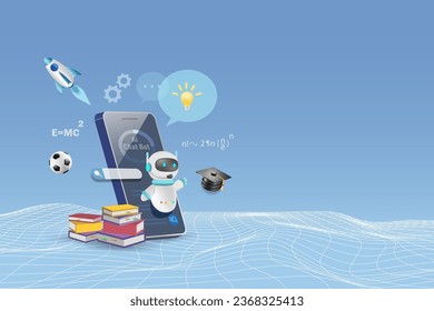 AI chat bot on mobile assist student in learning education. Artificial intelligence robot generates information and summarize knowledge to accomplish tasks in smart solution. Education Technology. 