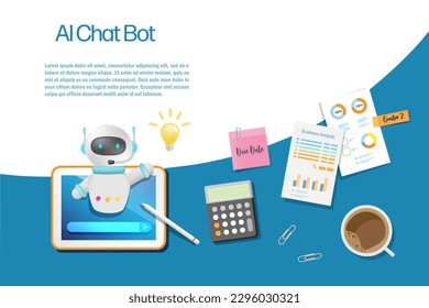 AI chat bot on smart tablet on working desk giving smart business solution idea and assist doing analysis report. Artificial Intelligence robot assist users in decision making and problem solving. 