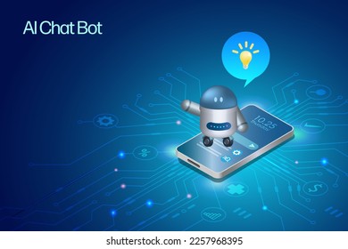 Ai chat bot on smartphone answer questions with smart solution idea. Artificial Intelligence robot communicate with human natural language provide smart solutions in varies categories. 3D vector.