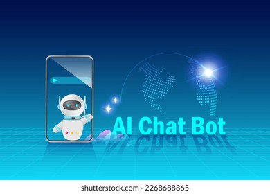AI chat bot on smartphone in futuristic  environment generate smart solution answer and communicate with user. Artificial intelligence answer robot innovation technology. 3D Vector.
