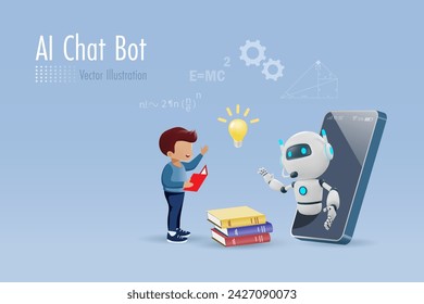 AI chat bot on smartphone assist kid student doing homework assignment. Artificial intelligence robot summarize smart solution. Education Technology. 3D vector created from graphic software.