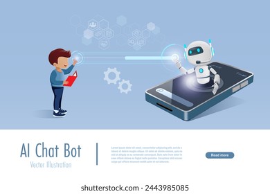 AI chat bot on smartphone assist kid student doing homework assignment. Artificial intelligence robot generates information and provide smart solution. Education Technology. Vector.