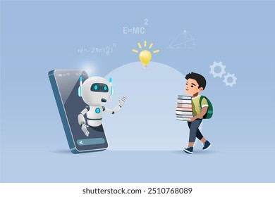 AI chat bot on smartphone assist kid student doing homework assignment. Artificial intelligence robot generates information and provide smart solution. Education Technology. Vector.