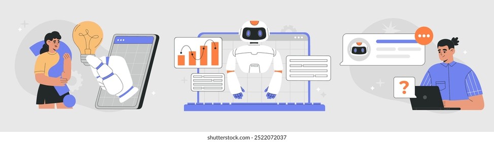 AI chat bot e conceito de comunicação de pessoas, humano usando inteligência artificial para criação de conteúdo, suporte on-line, gráficos, tarefas e análises de dados. Ilustração de vetor plano em plano de fundo isolado