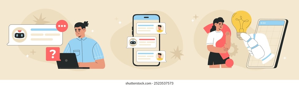 AI chat bot e conceito de comunicação de pessoas, o homem usa Inteligência Artificial para suporte on-line, assistente humano gerar ideias criativas para negócios. Ilustração de vetor plano em plano de fundo isolado