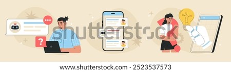 AI chat bot and people communication concept, man uses Artificial Intelligence for online support, human assistant generate creative ideas for business. Flat vector illustration on isolated background