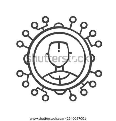 AI chat bot profile inside circuit system circle line icon. Outline hand drawn robot head portrait, sketch of android face in avatar. Machine learning mascot, chatbot icon vector illustration