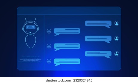 AI chat bot with robot. Digital chatbot. Humans ask and answer received. Virtual assistant with smart Artificial Intelligence AI technology concept background. Vector illustration.