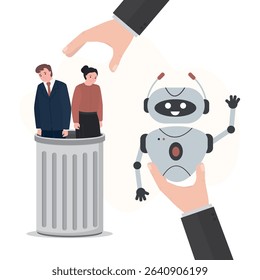 AI chat bot or robot replace employees at workplace. Two unhappy office clerk thrown in trash can. Boss hand holding new modern robot. Technologies replace human. Unemployment, social issues. vector