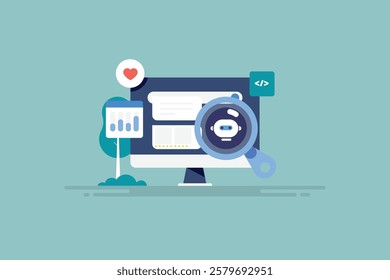 AI chat bot showing search results, AI chat assistance integrated with search engine, Search engine with AI chat bot, AI for search optimization - vector illustration background with icons