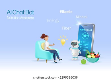 AI chat bot suggest nutrition foods and diet plan to woman. Artificial intelligence robot assist in weight loss program for healthy body. 