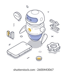 AI chat bot surrounded by symbols like a smartphone, graphs, and settings icons. The design represents digital communication and technology. Modern isometric line art vector illustration
