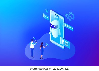 Ai Chat bot technology concept, people chatting with robot, asking questions and receiving answers. AI assistant support vector illustration