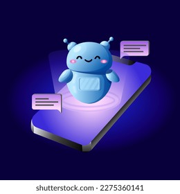 Ai Chat bot technology concept, people chatting with robot, asking questions and receiving answers. Customer helper in your smartphone. AI assistant support vector illustration.