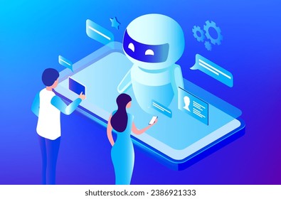 Ai Chat bot technology concept, people chatting with robot, asking questions and receiving answers. AI assistant support vector illustration