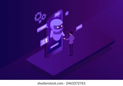 Ai Chat bot technology concept, people chatting with robot, asking questions and receiving answers. AI assistant support vector illustration
