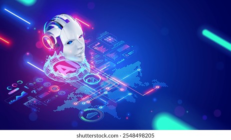 AI chat bot technology concept. Robot, chat bot head hanging over digital map of world. Development Artificial intelligence support service. AI chatbot support online users all world through internet.