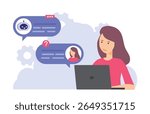 AI chat bot and user communication concept, woman asking Artificial Intelligent robot for business advice, customer chatting with human assistant online.