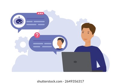 AI chat bot and user communication concept, man asking Artificial Intelligent robot for business advice, customer chatting with human assistant online.