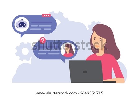 AI chat bot and user communication concept, woman asking Artificial Intelligent robot for business advice, customer chatting with human assistant online.