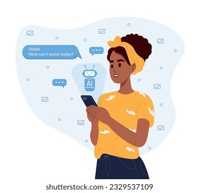 AI chat concept, artificial intelligence. An African American woman uses the technology of a smart AI robot. Dialogue between the AI assistant and the user in the messenger.