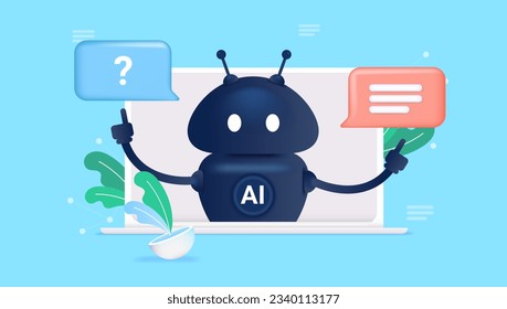 Concepto de chat Ai - Robot de inteligencia artificial que recibe preguntas y proporciona respuesta en la pantalla del ordenador portátil. Ilustración del vector con fondo azul