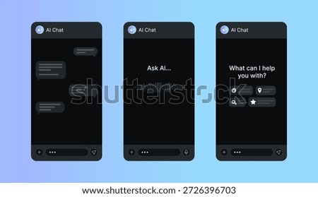 Ai chat mobile screens collection. UI windows design. Speech bubbles, text field, audio chat with icons, vector illustration. Flat style. 
