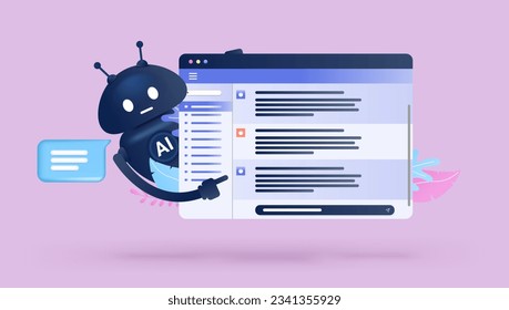Ai Chat online - Web-Fenster mit künstlicher Intelligenz Roboter sprechen und Konversation. Semi-Flach-Design, Vektorgrafik