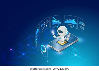 AI chat robot analyzing business graph chart data on smart phone. Artificial intelligence technology revolution and development, machine learning. Implement of robotic science research in business.