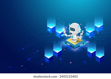 AI chat robot analyzing business data on circuit board with block chain network. Artificial intelligence technology revolution and development, machine learning. Implement of robotic in research.