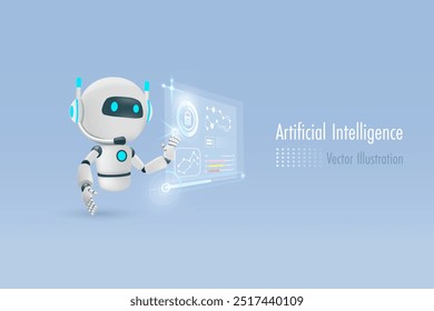 AI chat robô analisando gráfico de negócios. A tecnologia de inovação bot de inteligência artificial define o big data e desenvolve uma solução inteligente. Vetor 3D.